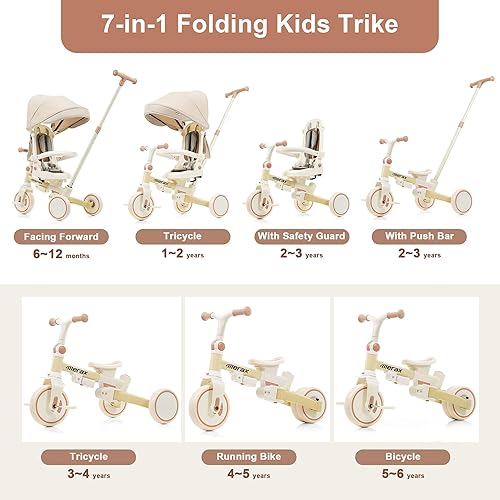 Miniatura 3 de Cochecito de triciclo de bebé 7 en 1 para niños pequeños de 1 a 6 años con mango de empuje ajustable, asiento giratorio, toldo retráctil