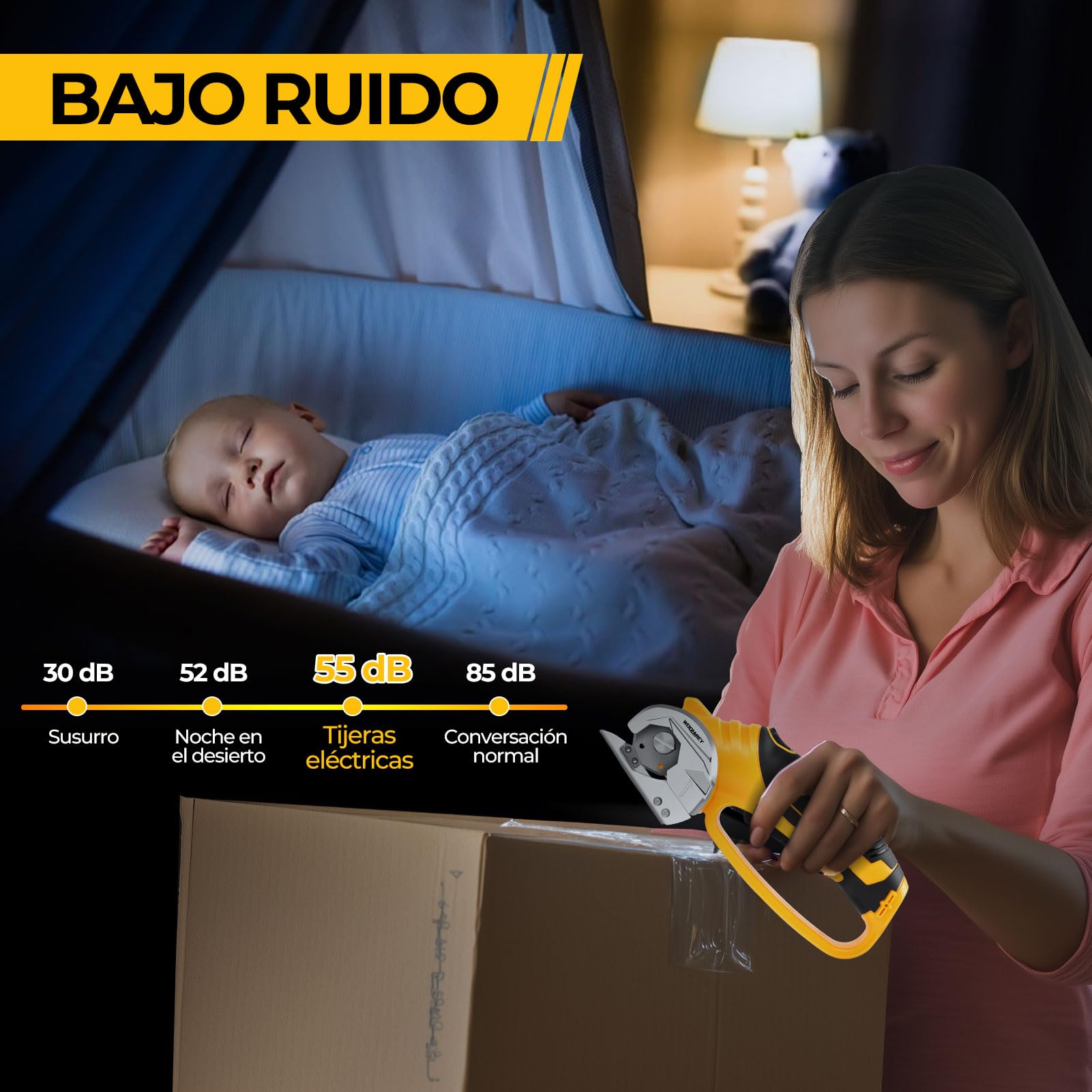 Tijeras Eléctricas Recargables 220RPM, Cortador Eléctrico de Cartón, Cizalla Eléctrica Portátil con Luz LED y Seguridad, para Costura, DIY y Reciclaje de Cartón (Amarillo)