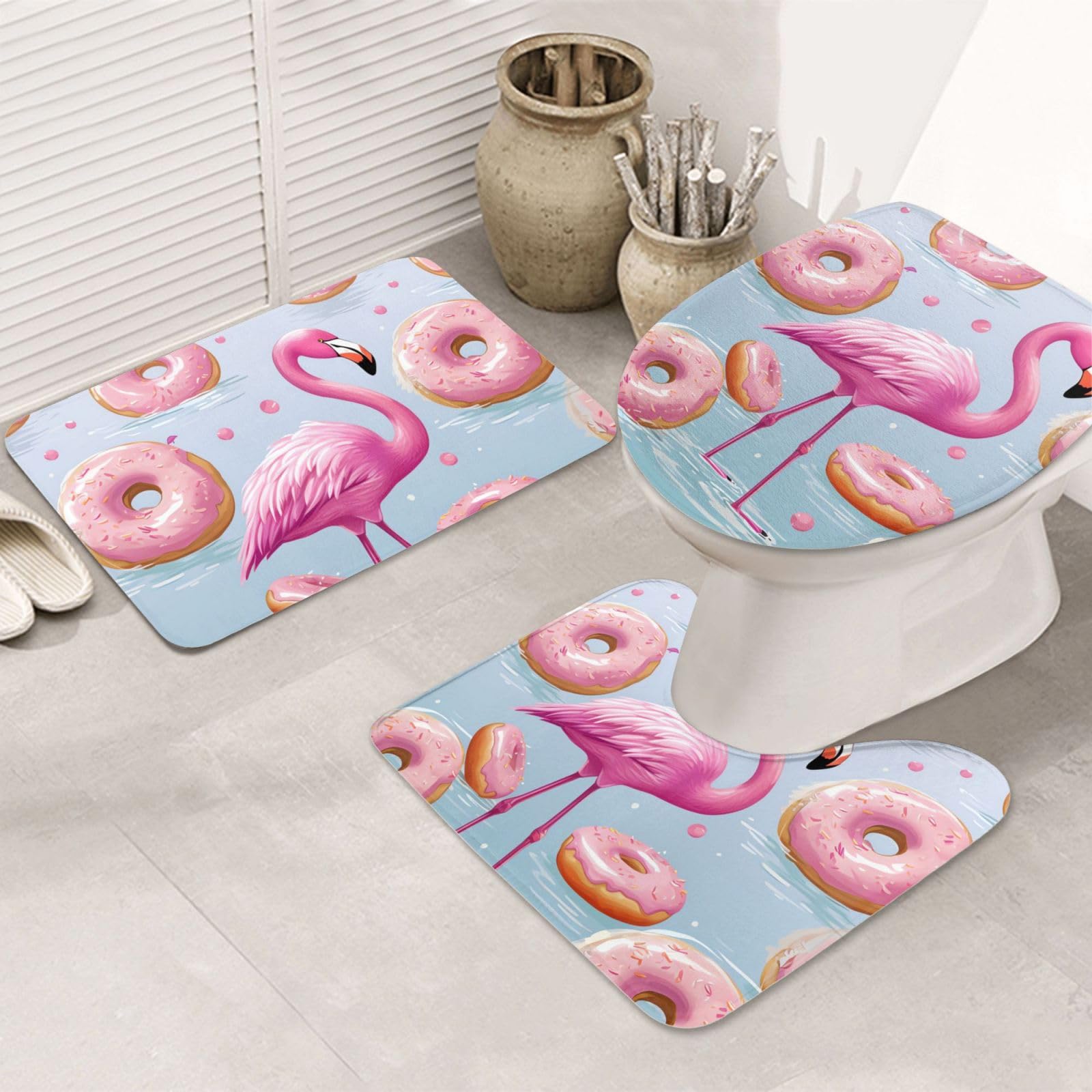 Tapis de bain flamant rose et beignet en lot de 3 pièces