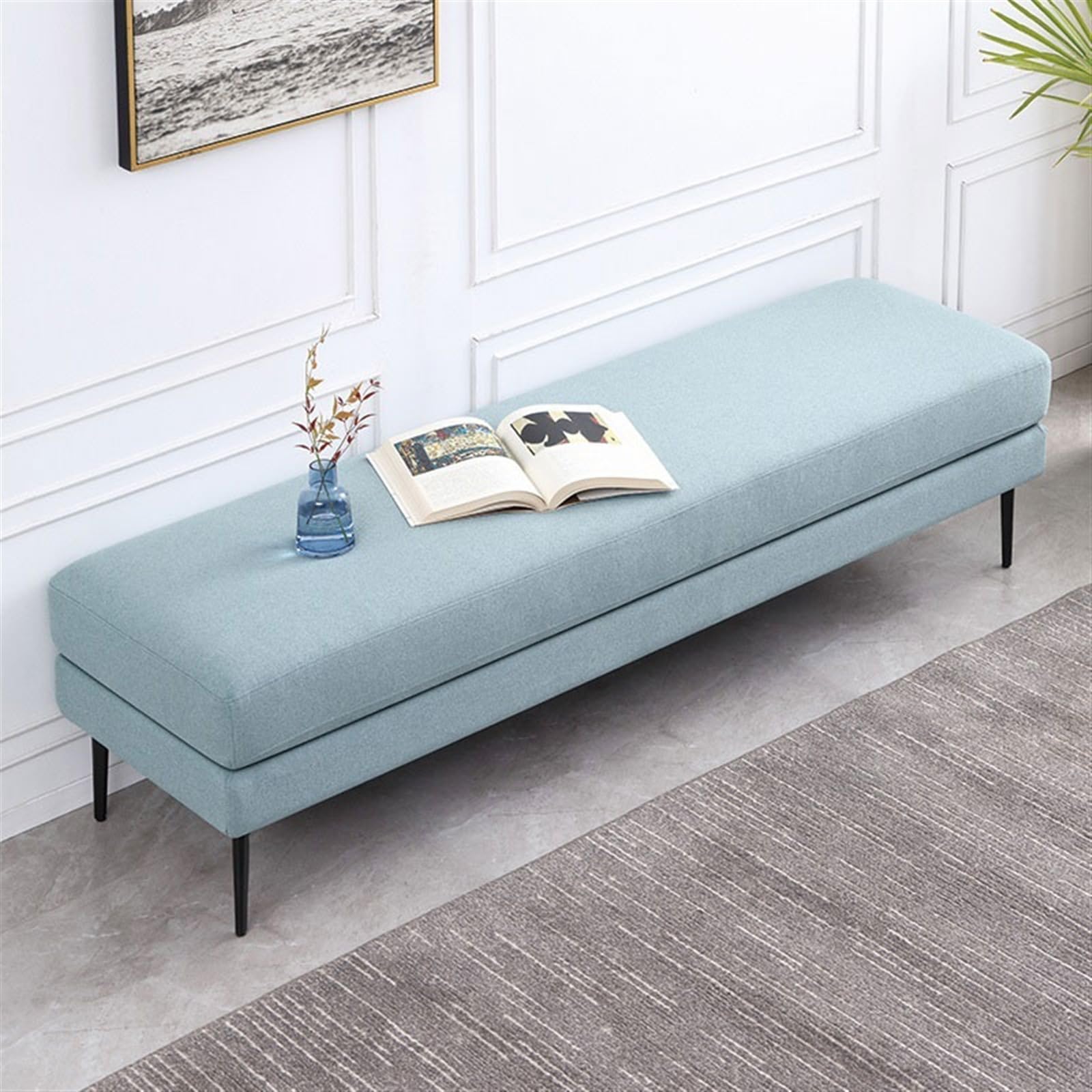 Panchina letto moderna in tessuto blu per soggiorno e camera da letto, design semplice, 100 x 50 x 43 cm, perfetta per sedersi e rilassarsi, elegante complemento d'arredo per la casa