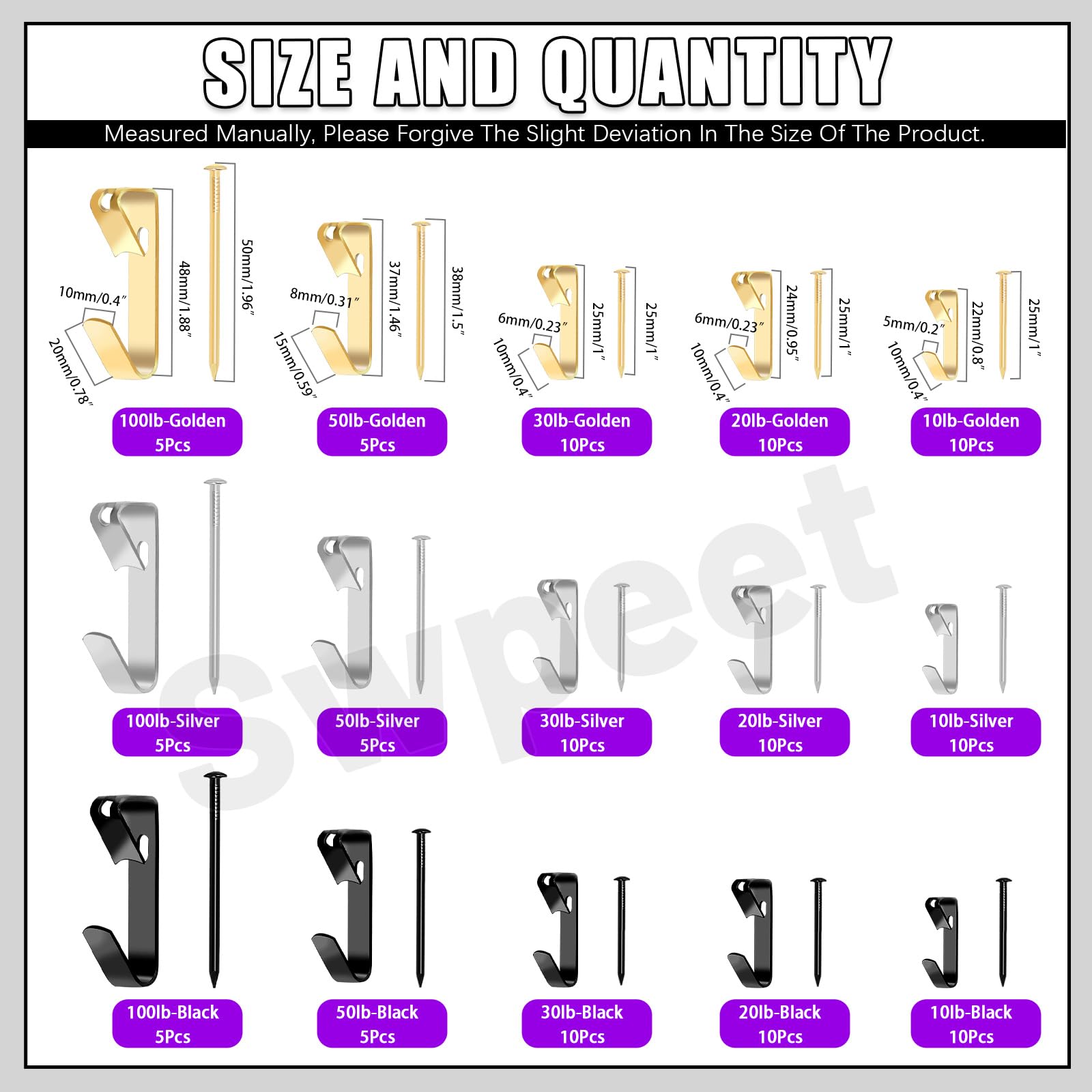 Swpeet 120Pcs 5 Sizes 10lb/20lb/30lb/50lb/100lb Picture Hangers with Nails Assortment Kit, Metal Picture Hanging Hooks - Image 2