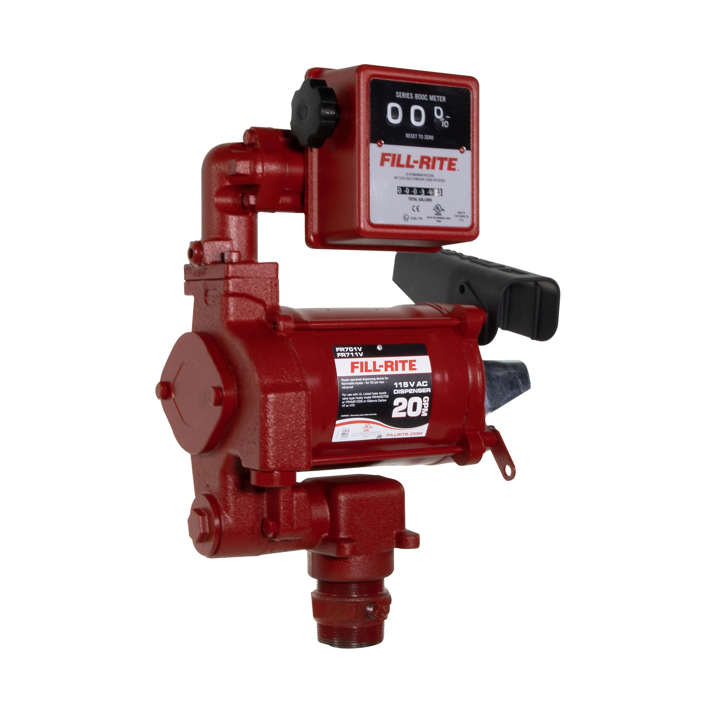 Fill-Rite FR701VN Fuel Transfer Pump with 807C Mechanical Gallon Meter, 115V AC, 20 GPM, Cast Iron Rotary Vane Pump, 2" Bung Mount, for Gasoline, Diesel, Biodiesel &amp; Kerosene