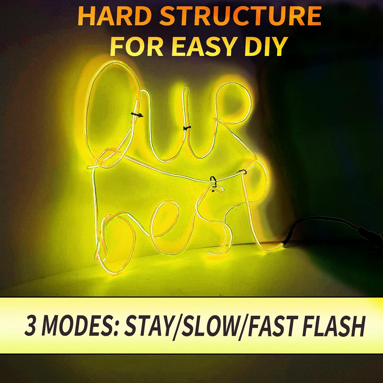 Ourbest [New Hard Version ] 5 Splitter 2Meter Neon EL Wire, 3Mode Stay/Slow/Fast Flash led Strip Lights for Battery Operated neon Sign Cosplay Party Decorations (Yellow)