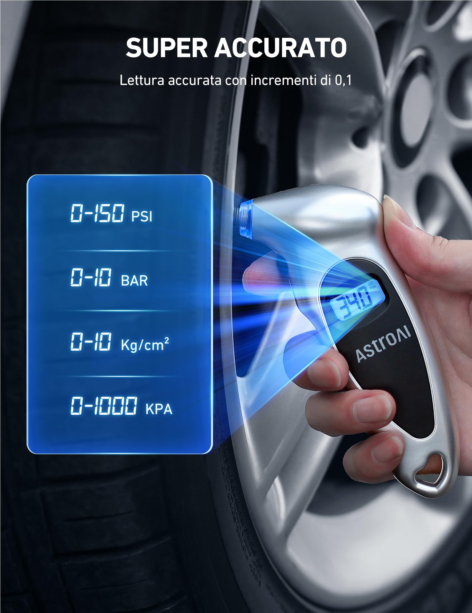 AstroAI Tire Pressure Gauge Digital 0-150PSI (Accurate in 0,1 incrementi), 4 unità Stocking Stuffers per auto camion bicicletta con LCD retroilluminato e adattatore valvola Presta, Sliver