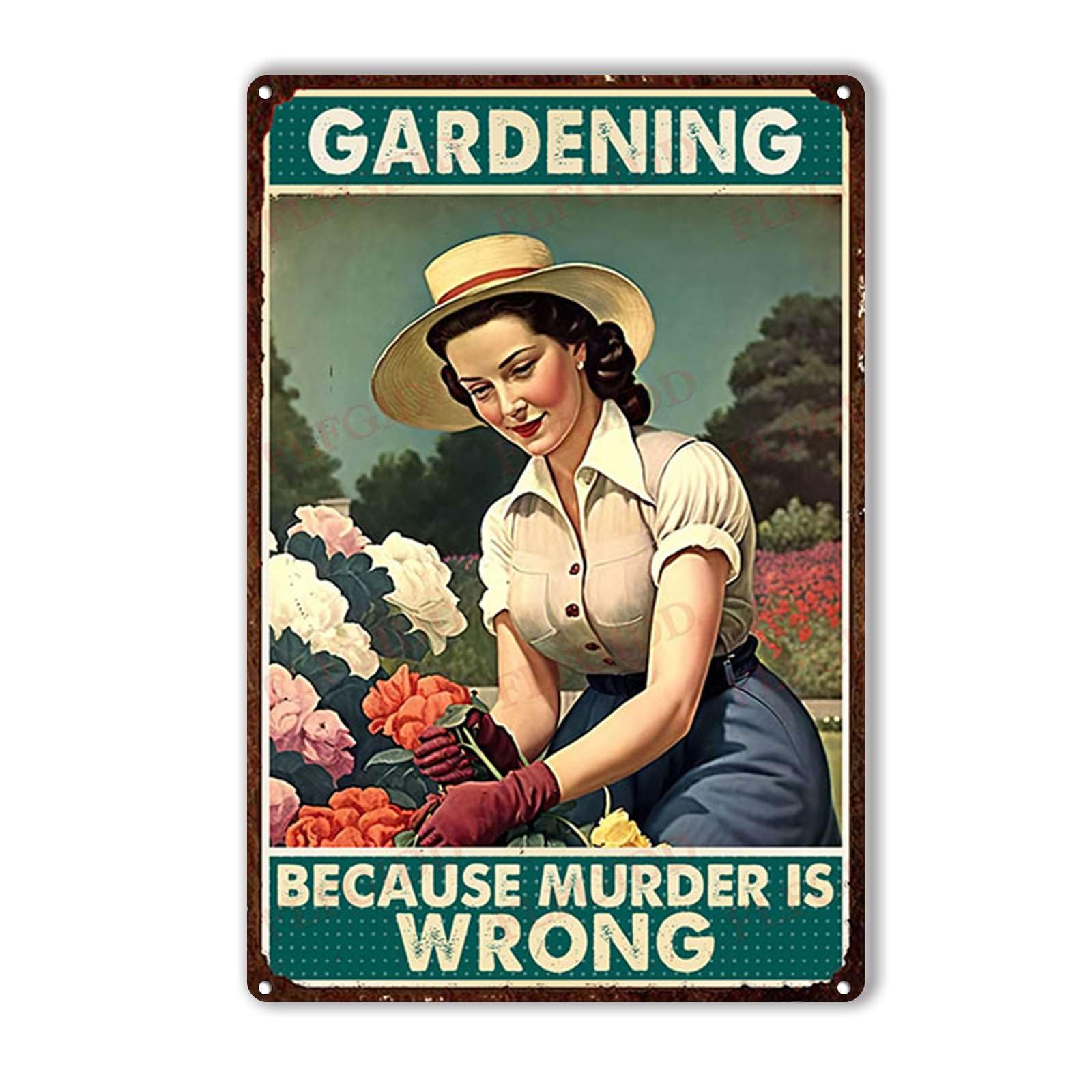 Anceky Gardening Because Murder Is Wrong Tin Sign Vintage Metal Sign Wall Decor for Cafe Bar Kitchen Yard Gate 12×16 Inch