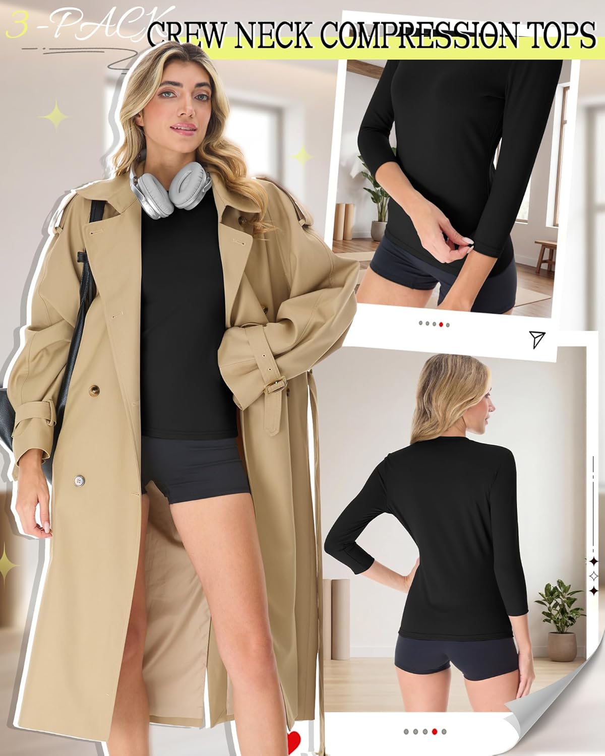 3 Pack Women's Workout Shirts 3/4 Sleeve Compression Tight Tops Athletic Gym Tee Yoga Running Fitted Basic T-Shirts