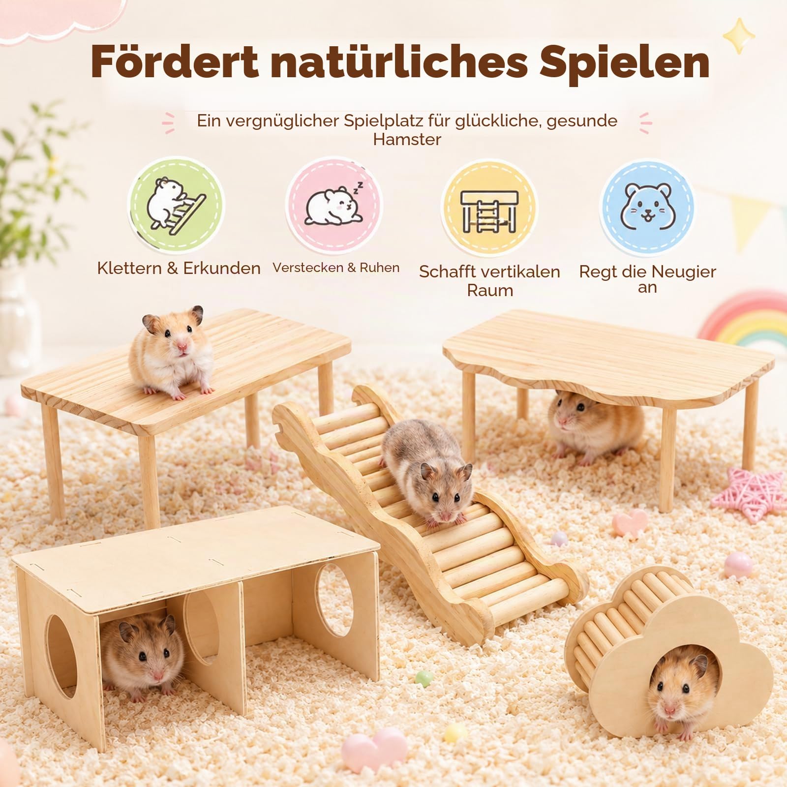 Hamster Plattform 5er Set, Hamster Spielzeug mit Plattform, Fächerplattform, Wellenleiter, Verstecktunnel & Wolkenhaus, Hamster Zubehör aus Naturholz für Meerschweinchen Chinchilla Kleintiere Käfig