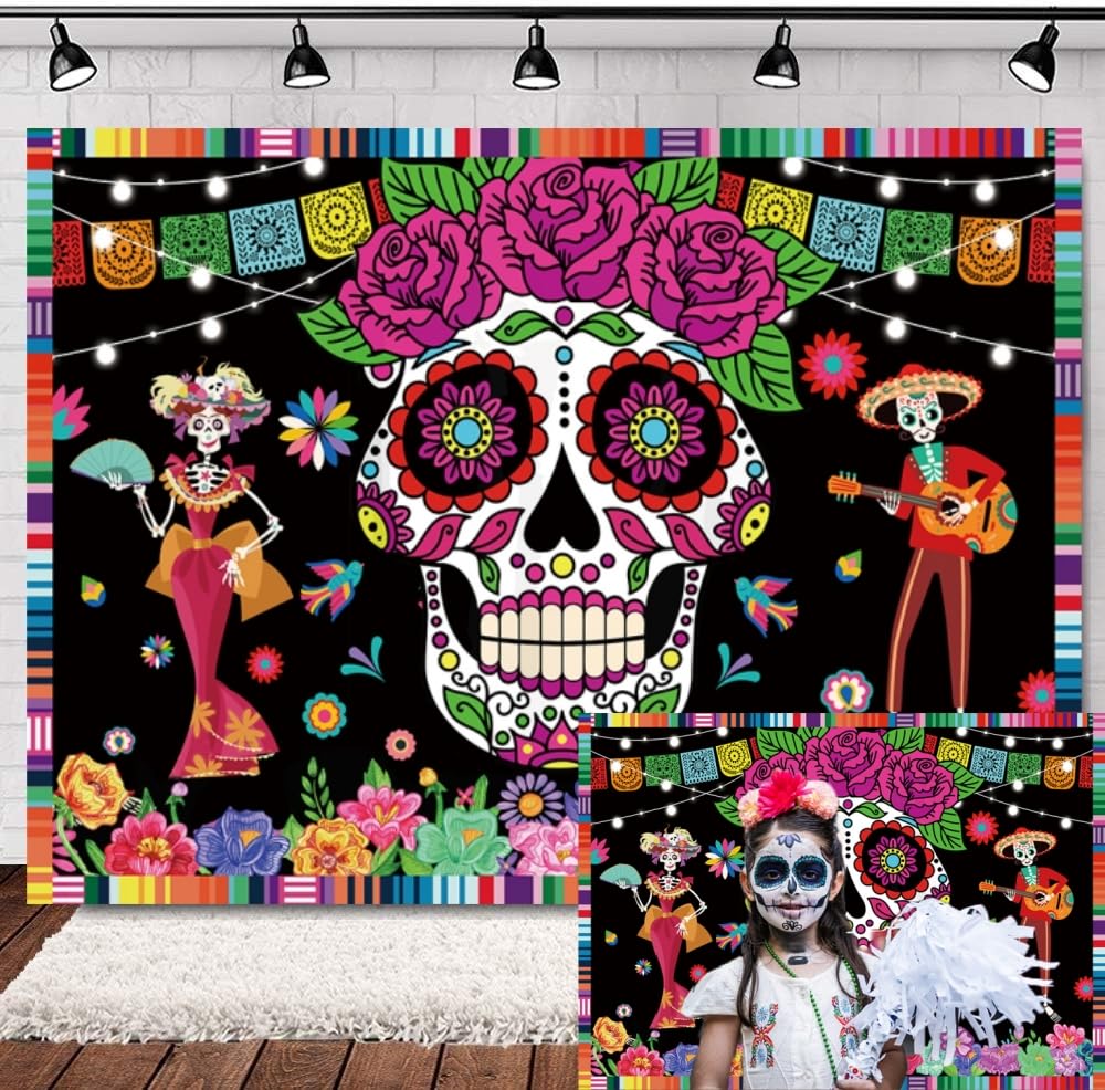 INRUI Giorno dei Morti Fotografia Sfondo messicano Dia De Los Muertos Fiesta Teschio di zucchero Party Decorazioni Sfondo (1,8 x 1,2 m)