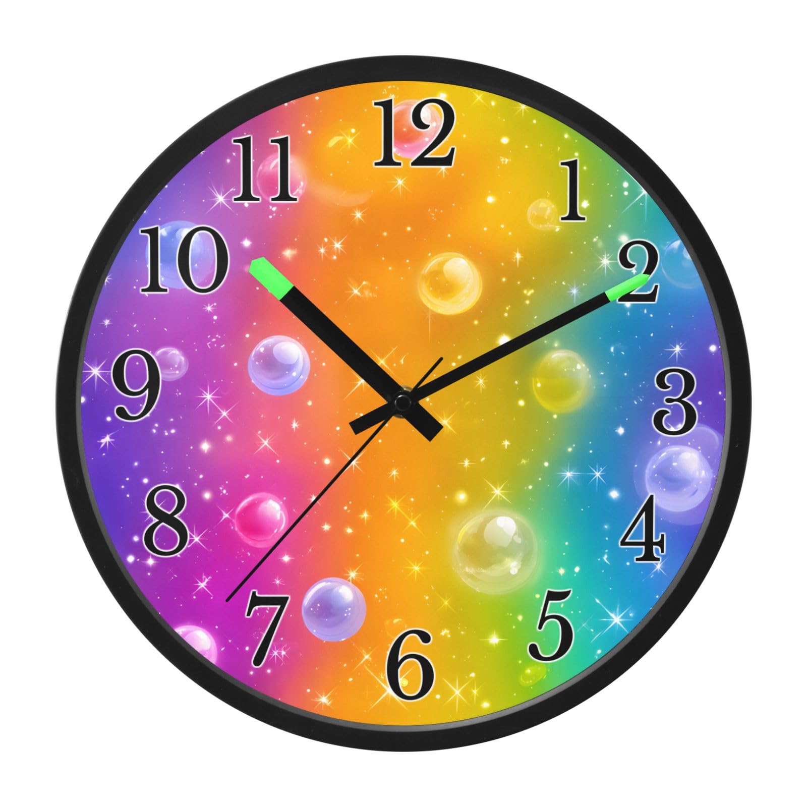 Mnsruu Reloj de pared luminoso con patrón de burbujas coloridas de arcoíris degradado, funciona con pilas, reloj silencioso que brilla en la oscuridad, para sala de estar, cocina, 12 pulgadas