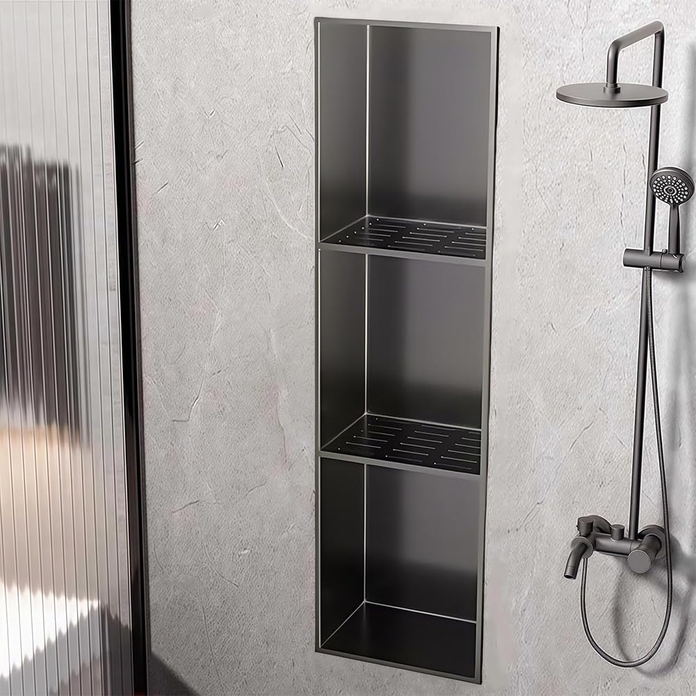 Paneles de ducha de Acero inoxidable 304 - Botiquín metálico empotrado multicapa con orificio de drenaje, estantes Negros de 3 niveles para baño y cocina