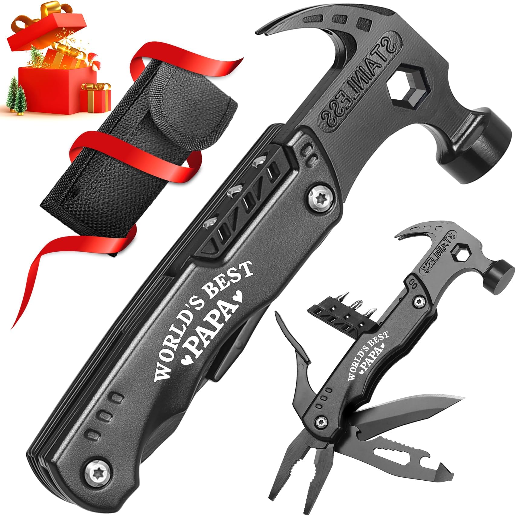 WILLUCK Papa Gifts - Christmas Practical Gifts for Papa, Best Papa Gifts - "WORLD'S BEST PAPA" 15 in 1 Multitool Hammer - Papa Gifts from Grandchildren - Fathers Day Birthday Gift Ideas for Papa