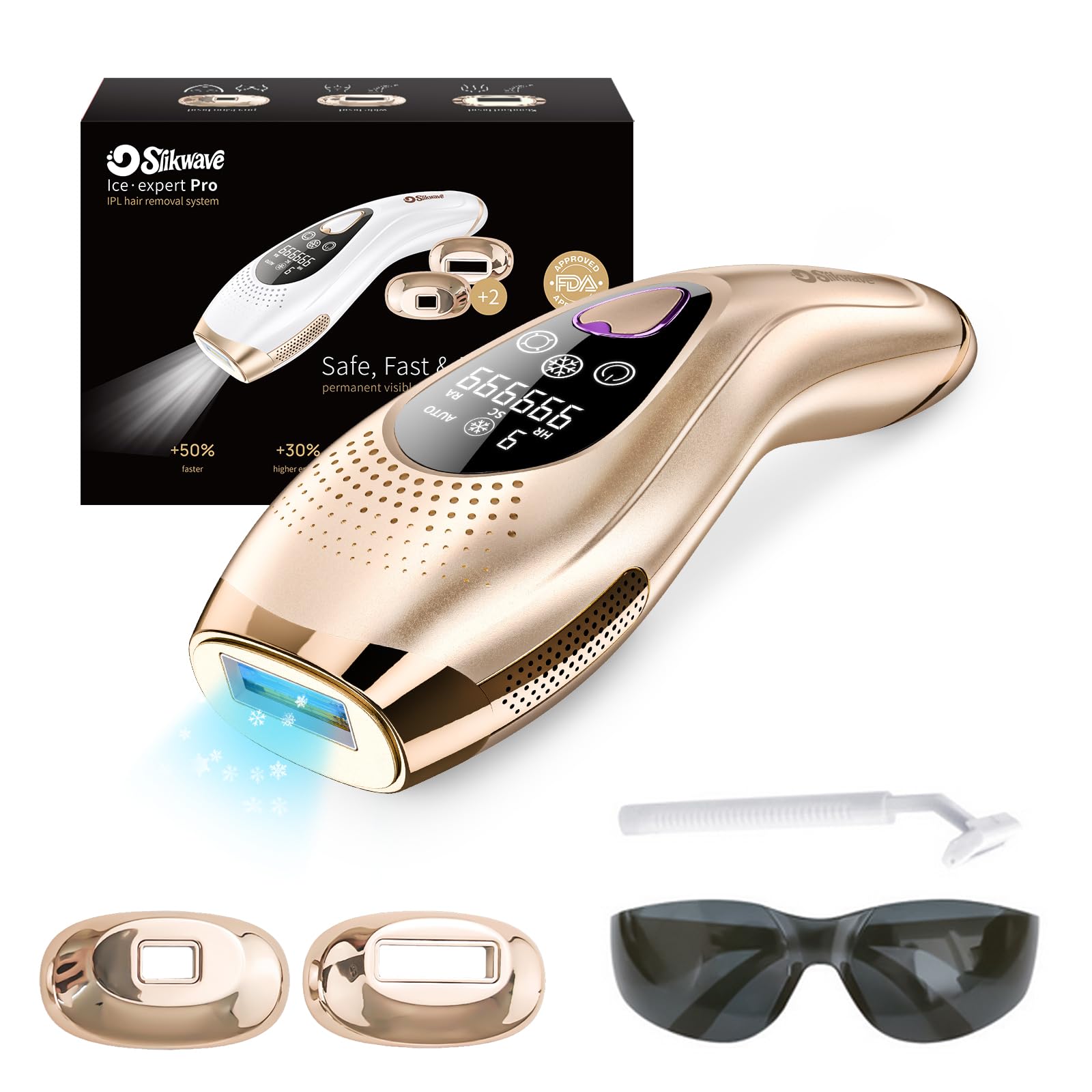 Epilatore Luce Pulsata 9 Livelli Con 6 Accessori, Epilatore Laser Peli Donna/Uomo Con Modalità Manuale E Automatica, Sensore Di Contatto, Funzione Ice Cool per,oro