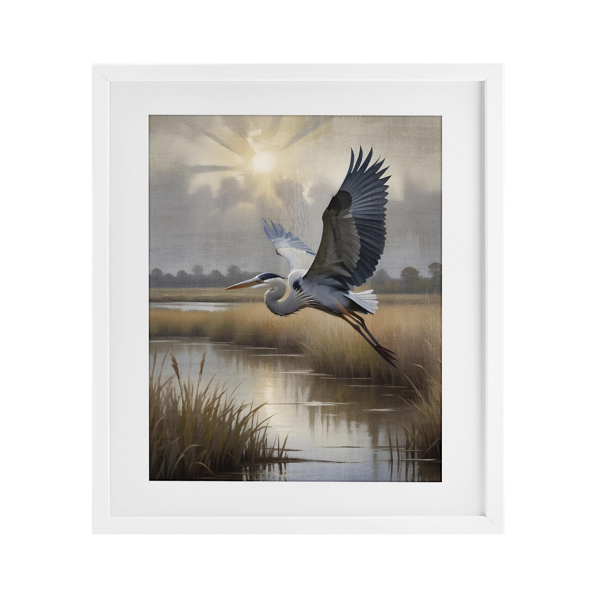 'Heron Flight over Wetlands'| Framed Print Under Glass