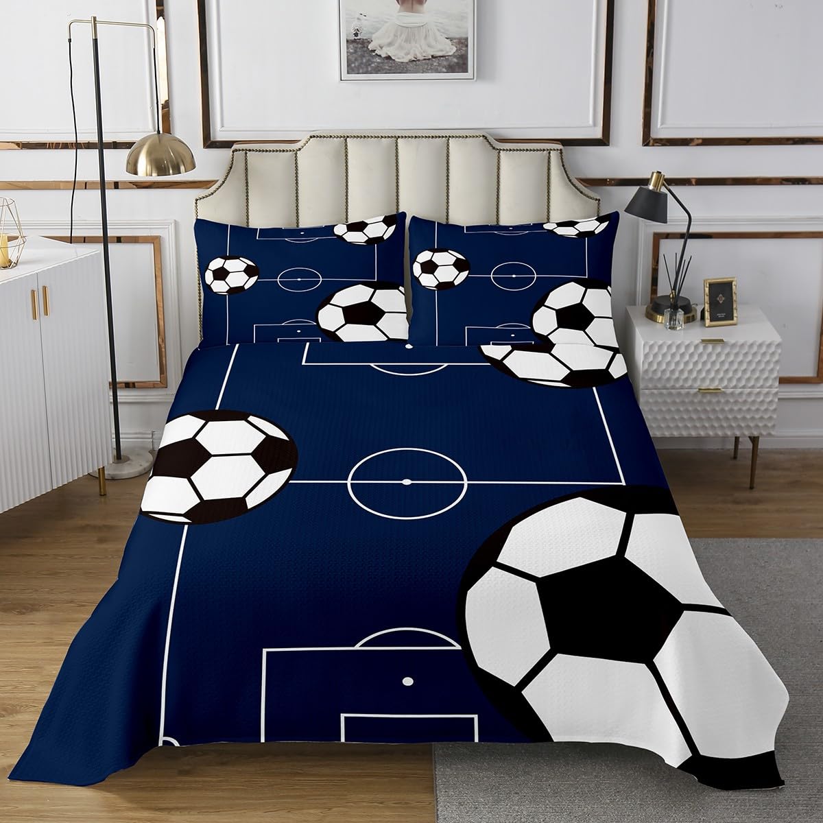 jejeloiu Football Bedspread Twin Size Kids Soccer Ball Pattern Quilted Coverlet for Boys Girls Teens Sports Theme Coverlet Set Breathable Football Court Quilted Room Decor Quilt Set