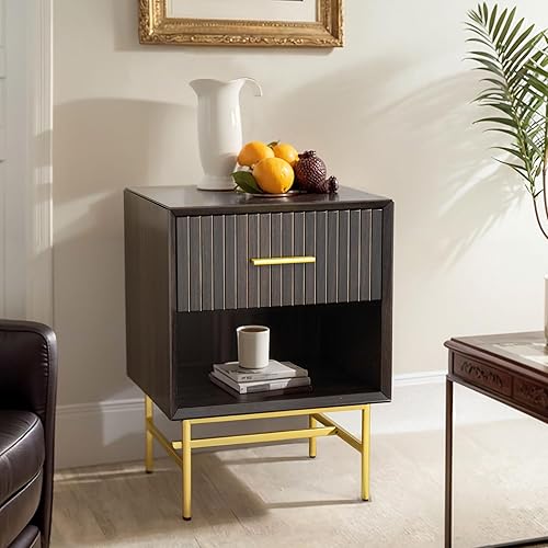 Miniatura 1 de Mesita de noche con cajón, mesa auxiliar de 2 niveles, mesa auxiliar de madera con patas ajustables y patas de metal estables, gabinete moderno de