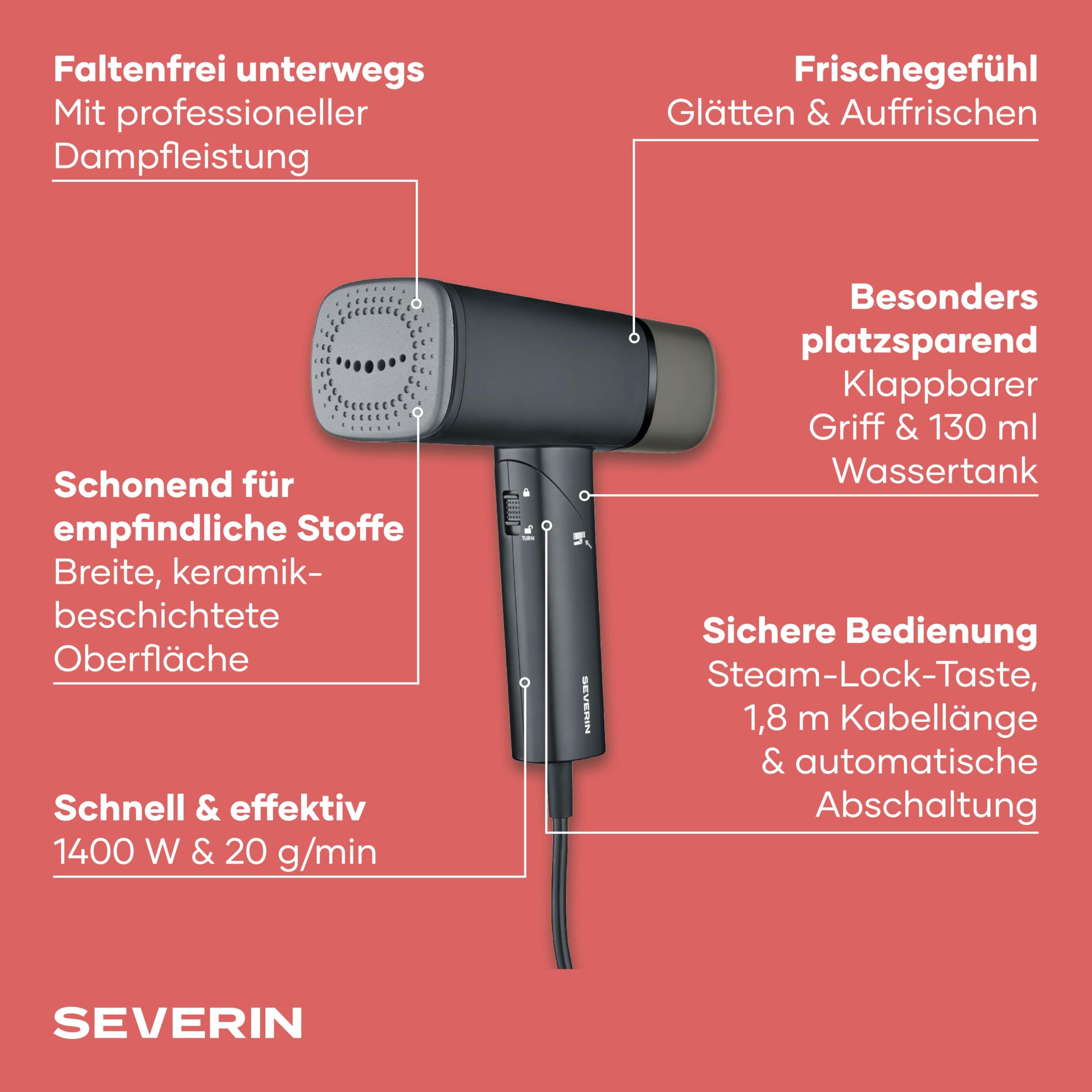 SEVERIN- Défroisseur Vapeur Portable – Steamer Compact et Pliable - Défroisseur vertical de voyage pour vêtements et textiles - Réservoir d’eau 130 ml – 1400 W – Noir mat, DG 3282