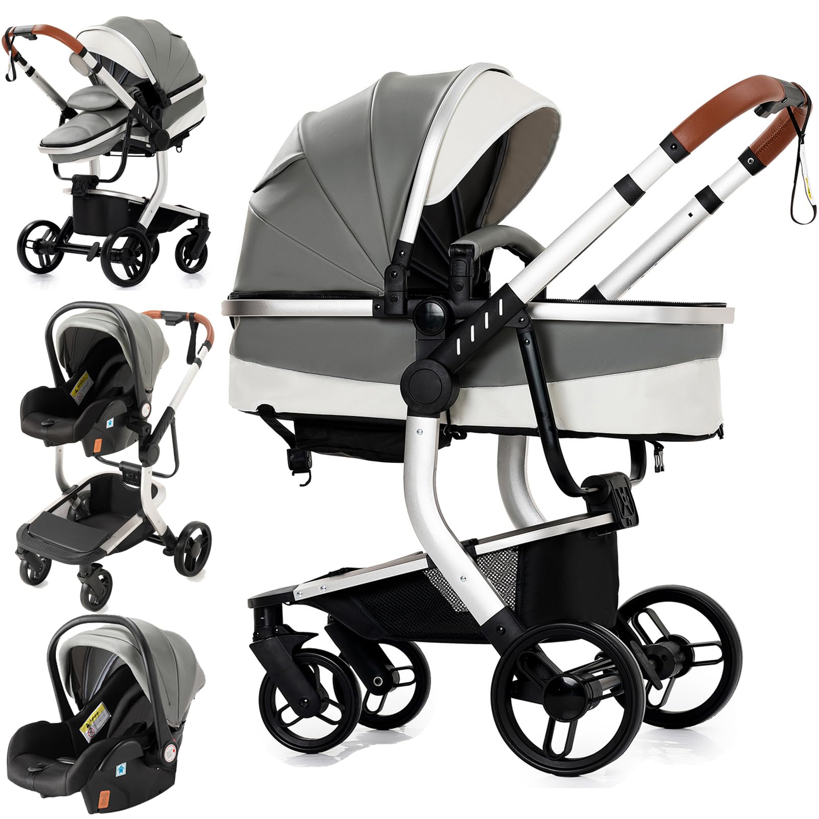 Pelle PU Passeggino Trio, Passeggino 3 in 1 con Due Modi Reversibili Spingere, Trio con Telaio Alluminio Paesaggistico Alto, Trio Passeggino Neonati Design Pieghevole in Un Clic (518 Grey)