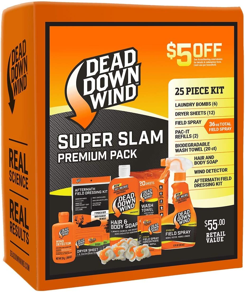 Dead Down Wind Hunting Scent Eliminators | 25 Piece Kit | Complete Odor Eliminator System for Hunting Accessories | Field Spray, Wind Detector, Laundry Detergent | Super Slam Premium Value Pack