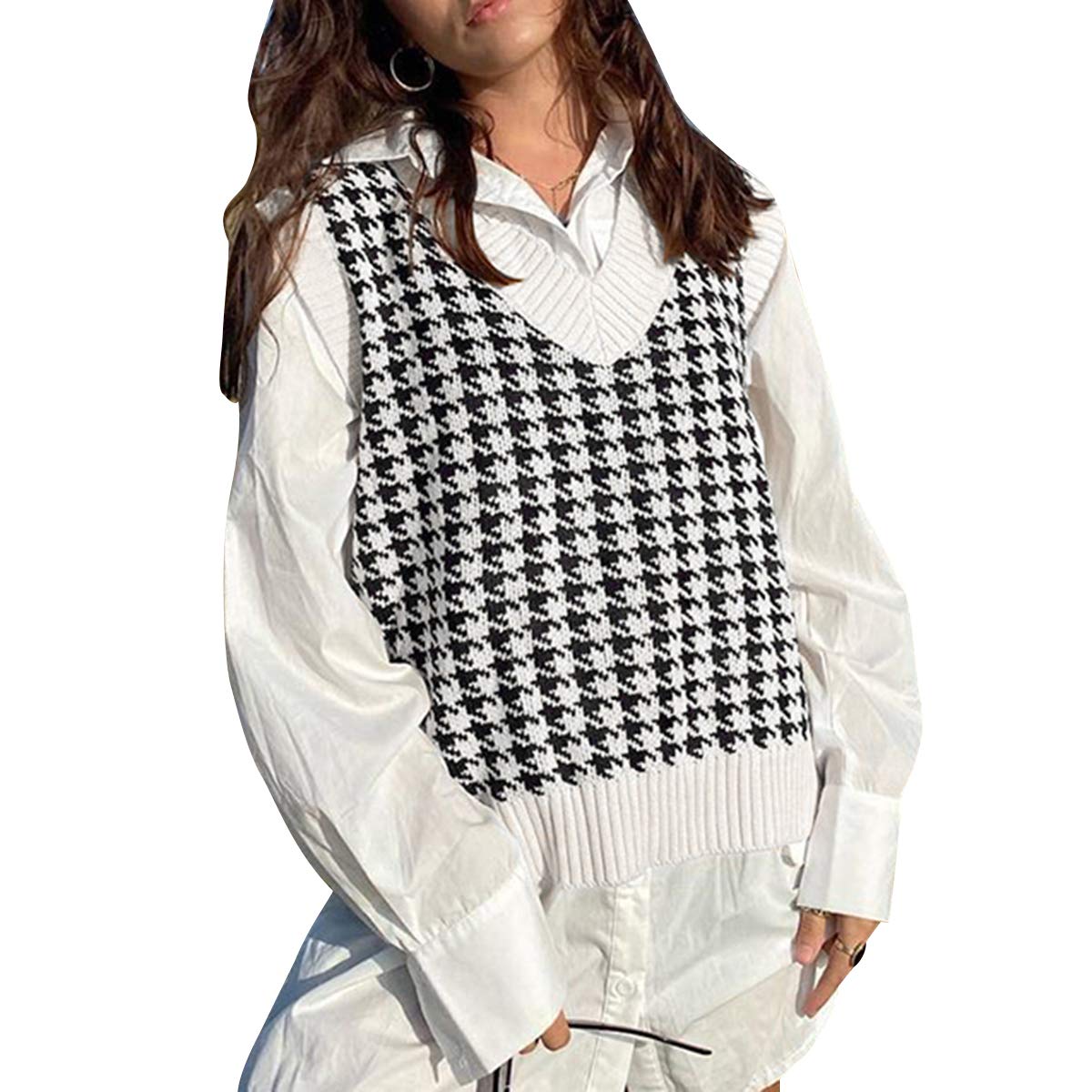 quecy Women's Streetwear Preppy Style Knitwear Tank Top Y2K Argyle Sweater Vest Waistcoat Clothes |G-White |M-picture-24