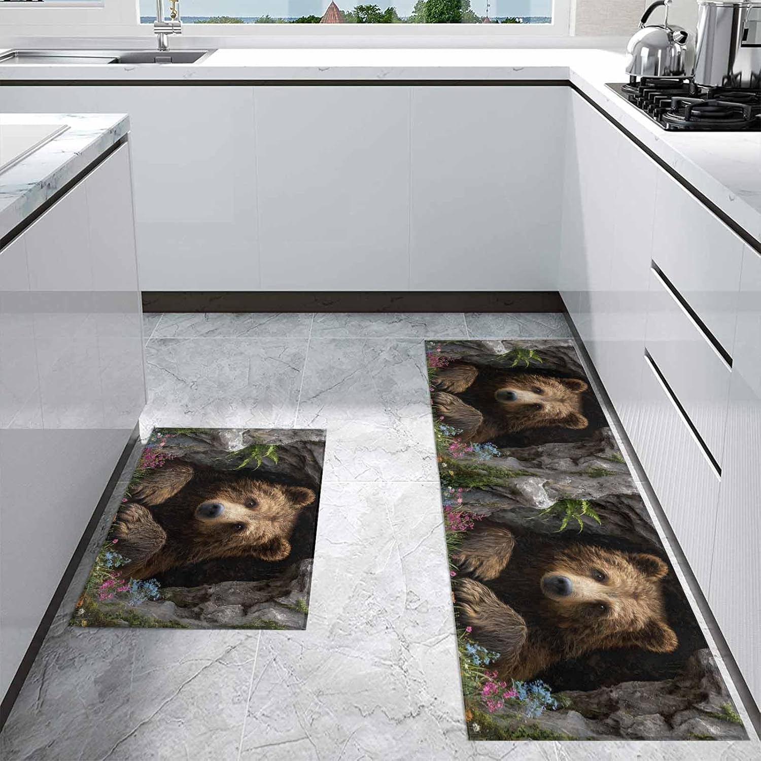 Kitchen Mats for Floor Brown Bear Rustic Wildflowers Cave Washable Non Slip Kitchen Rugs 2PCS, Nature Animals Absorbent Standing Mats for Sink Bathroom Office Living Room 15.7x23.6in+15.7x47.2in