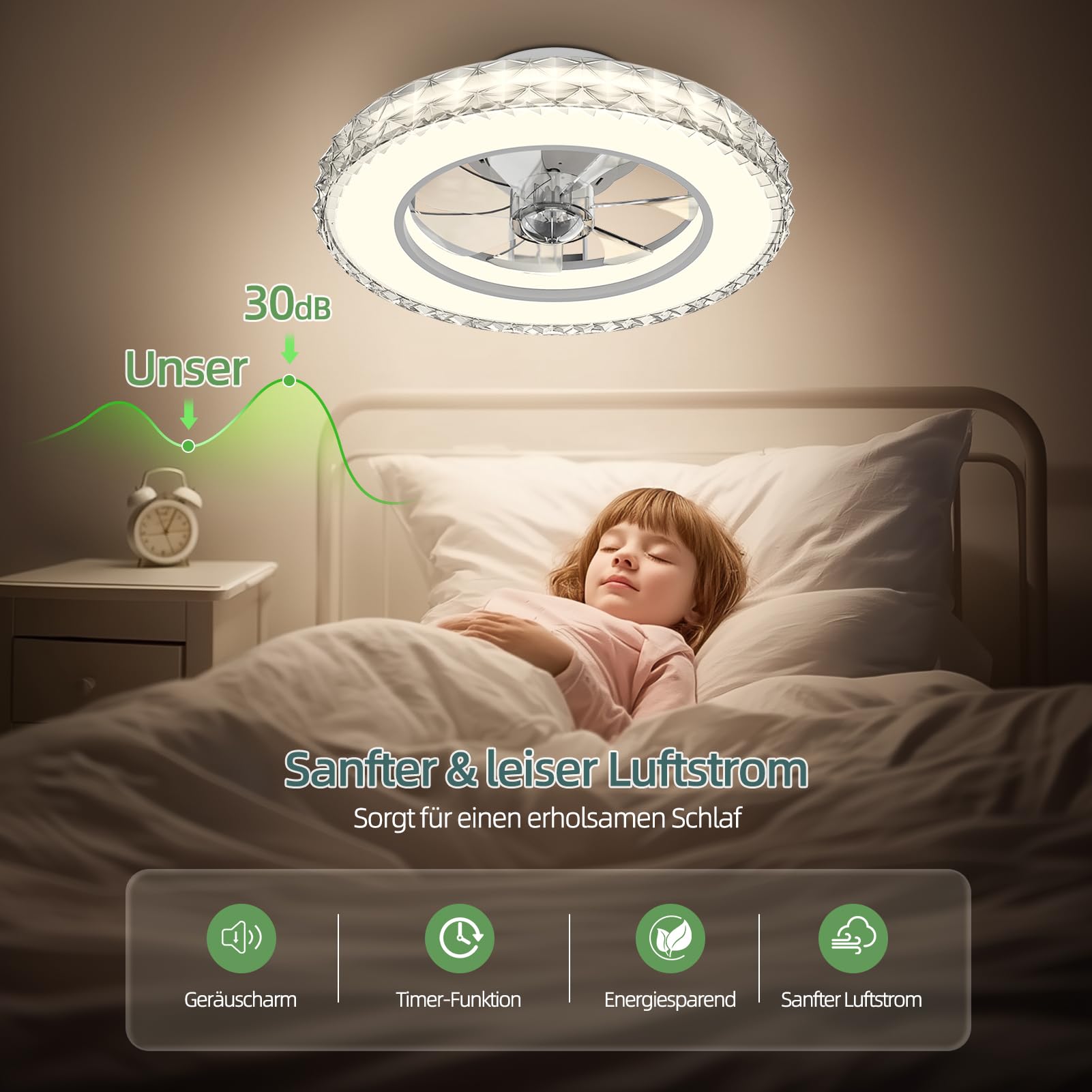 Ateroll Deckenventilator mit Beleuchtung Ø43.5CM, Kristall Dimmbar 3000K-4000K-6500K-RGB, 6 Geschwindigkeiten Fernbedienung