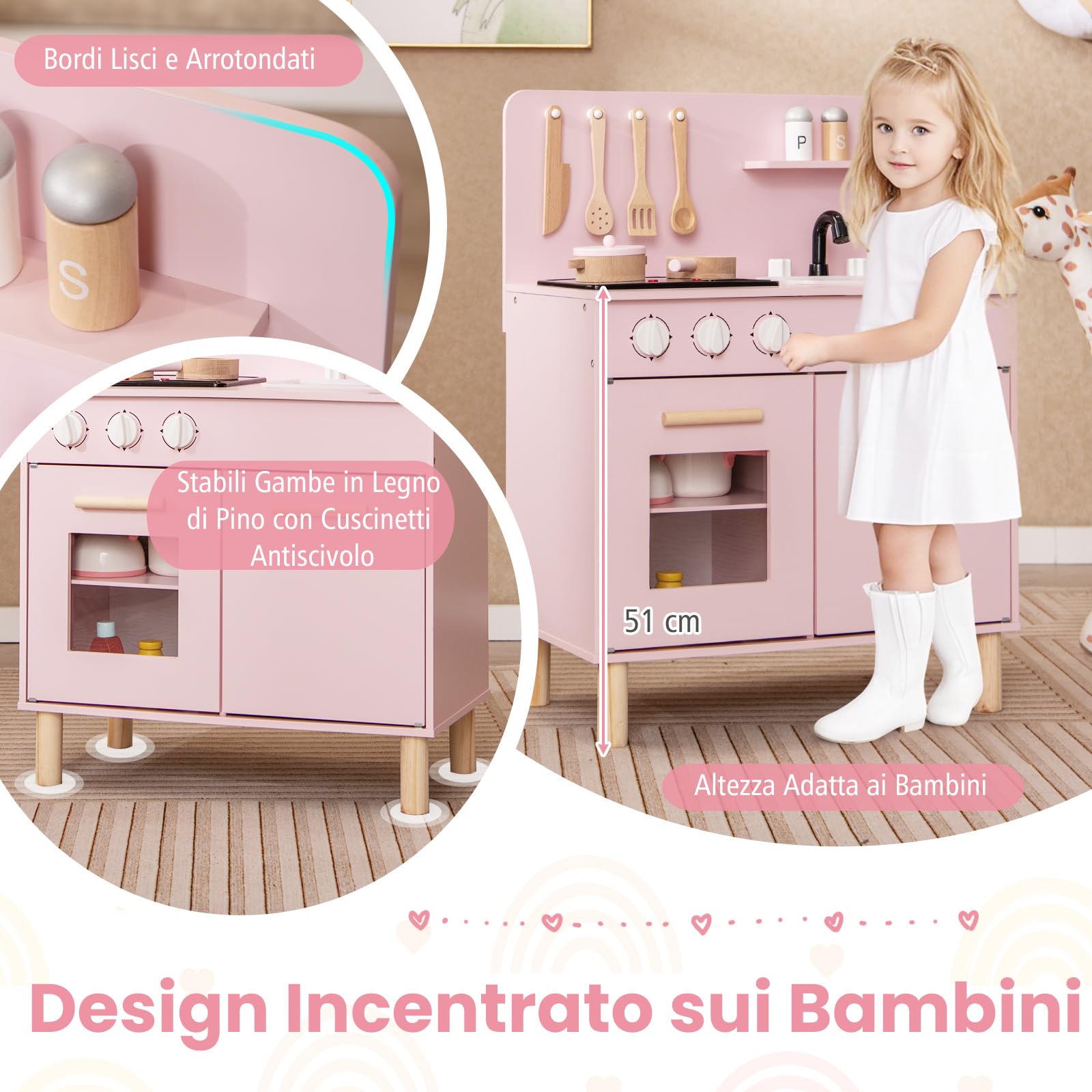 RELAX4LIFE Cucina Giocattolo per Bambini, Mini Cucina in Legno con Luci e Suoni Reali, Utensili da Cucina, Set Giocattoli per Bambini 3+ Anni (Rosa)