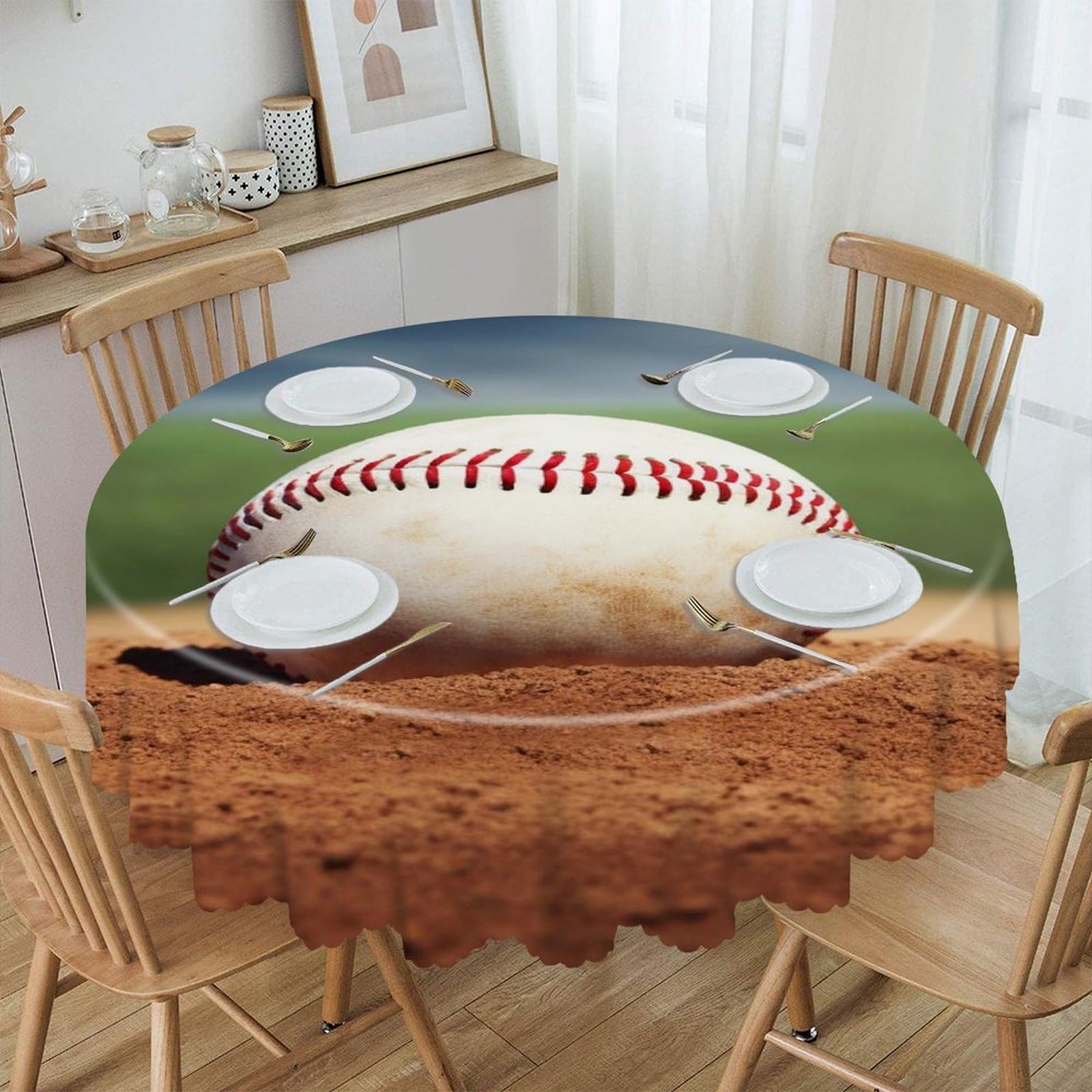 VstaDank 60 Inch Round Baseball Tablecloth Polyester Waterproof Wrinkle Free Table Cloth Spillproof Washable Table Cover Colorful Tablecover Decor for Home Kitchen Dining Party
