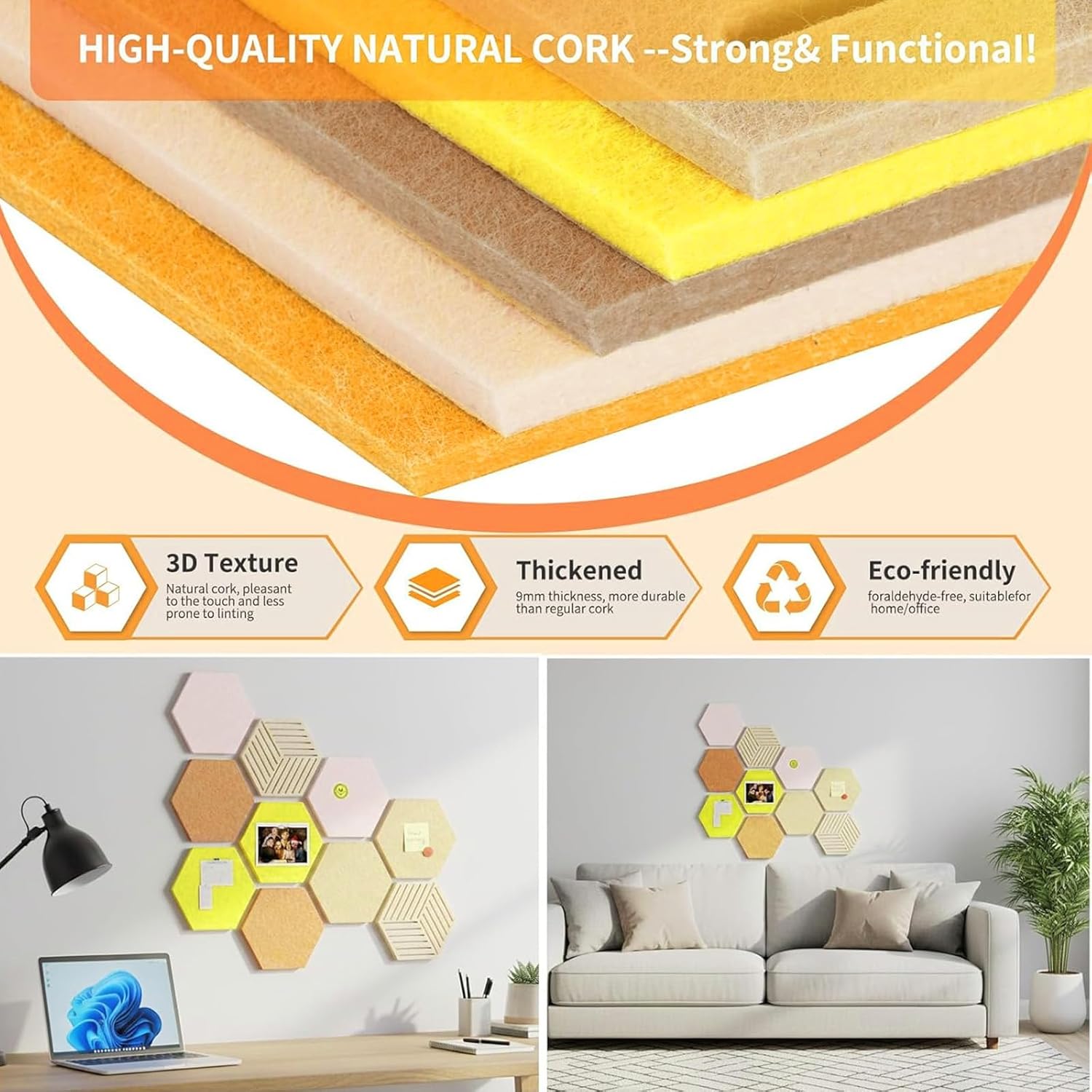 FOCHIER F 10PCS Hexagon Cork Boards for Walls Decor,12"*10.2" Felt Bulletin Board Tiles Sets for Home Office Class Kitchen with 50 Push Pins,Self Adhesive DIY Pin Board for Photos Memos