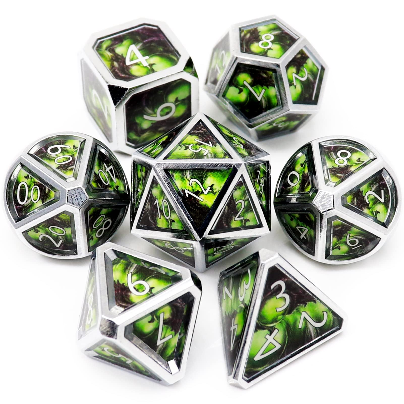 Haxtec Metal DND Dice Set Venom Bolt Real Scene Silver Black Green Polyhedral Dice W/PU Leather Dragon Eye Dice Bag for TTRPG D&D 5e Spell Dungeons and Dragons Gifts Role Playing Games