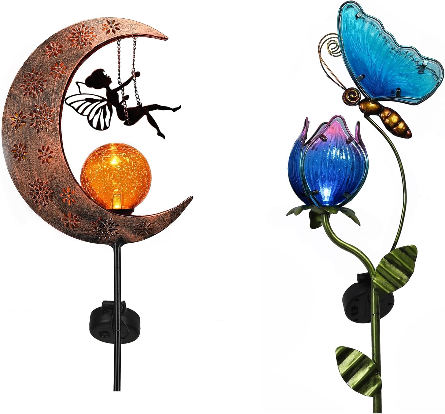 TERESA'S COLLECTIONS Metal Fairy Garden Decor for Outside with Crackle Glass Ball + Flower Solar Garden Decorations Stake for Lawn Ornaments
