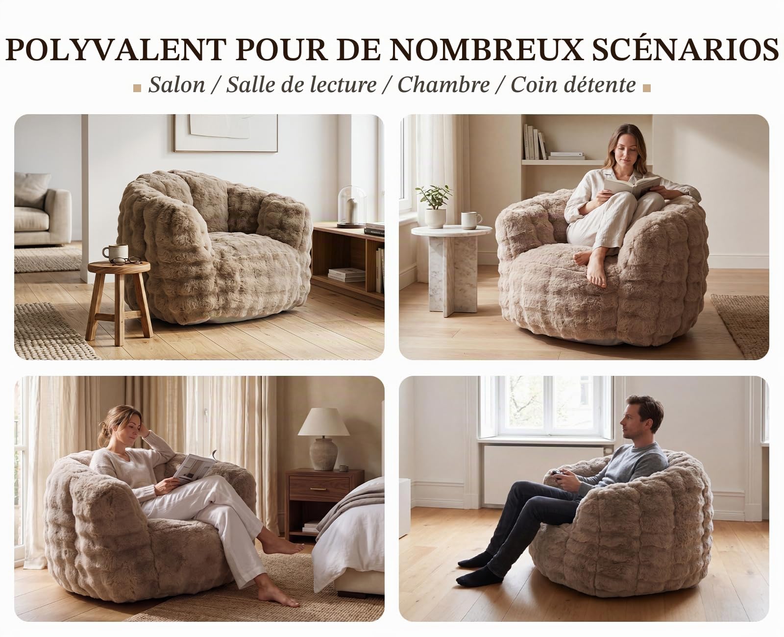 Pouf Salon Confortable, Pouf Poire Large avec Accoudoirs, Kaki | Fauteuil Poire Géant Moderne en Fausse Fourrure de Lapin Douce, Fauteuil Design pour Salon/Chambre