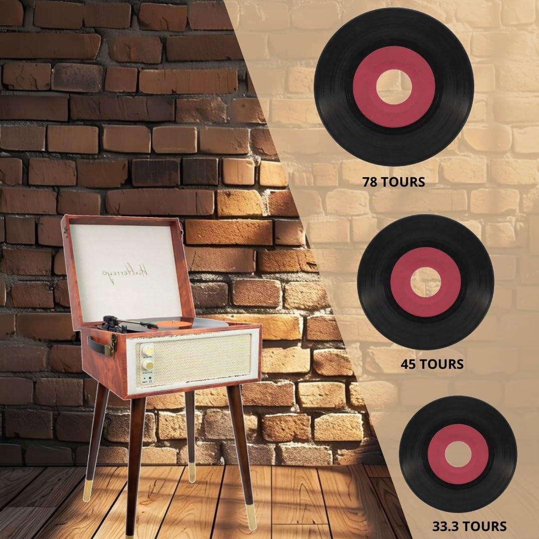 Halterrego Platine Vinyle Cottage Bluetooth Out 4 Pieds Amovibles Motif Cuir Vintage