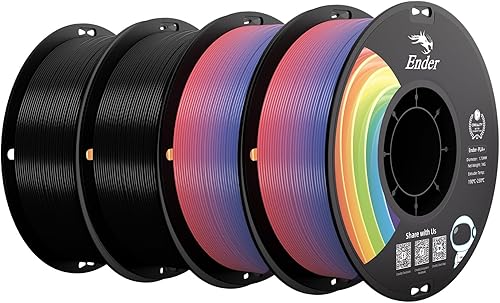 Creality PLA+ Filament 1.75mm 4KG, 3D Printer Filament 4 Pack 1kg Cardboard Spool, Strong Toughness,Multi-Color 3D Printing Filament for Most FDM Printers(2 Black 2 Rainbow)