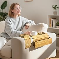 Vista 8 de Bamboo Couch Arm Tray Set,The Large(16.5"x13.4") and Small(16.5" x4.7) Non-Slip Cup Holder for Drinks, Snacks, Cup, Remote and Phone,Fit for