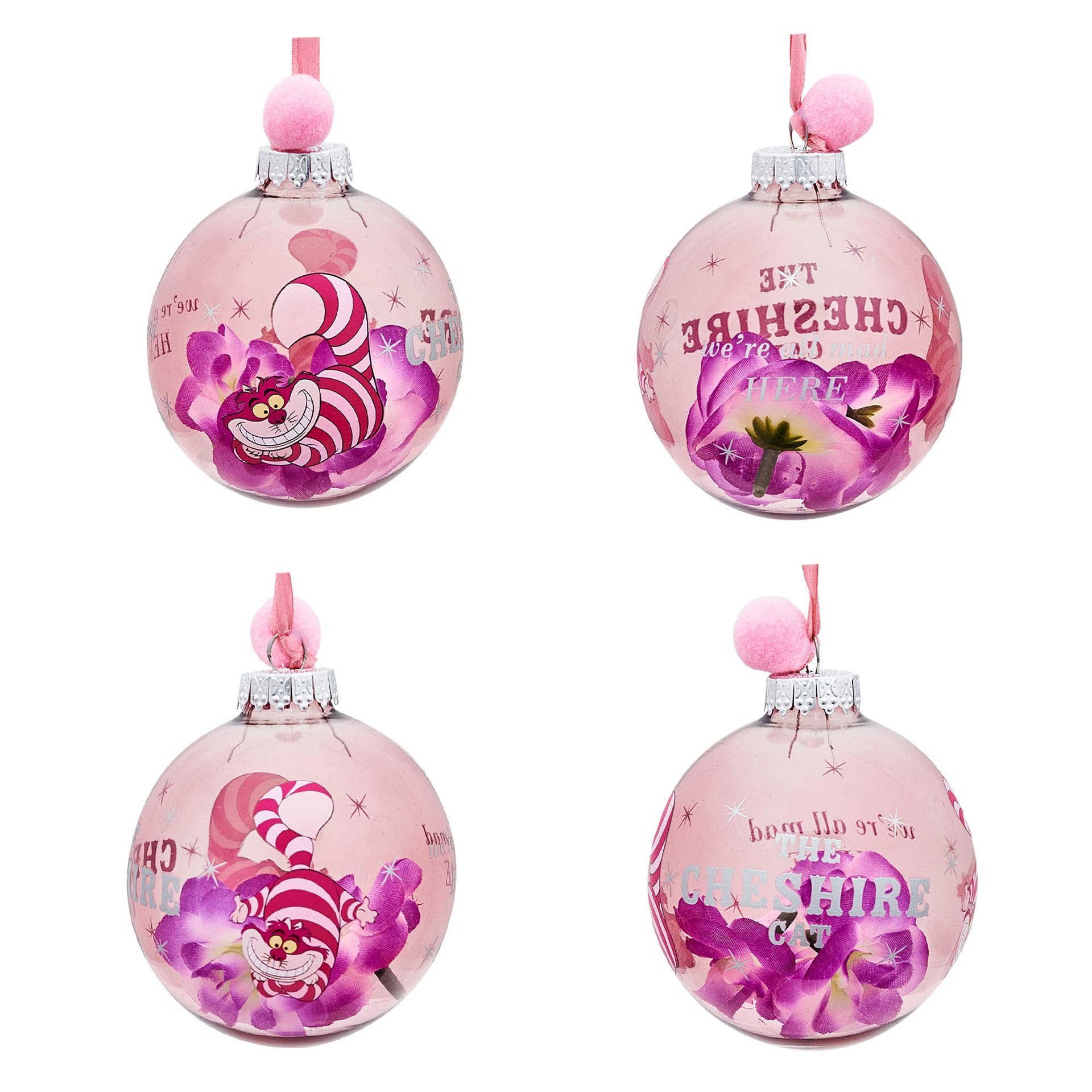 Disney – Lot de 7 boules de Noël – Alice, chat du Cheshire, Chapelier fou, lapin blanc, reine des roses, Tweedle Dee & Dum, Lapin de Pâques – Produit sous licence