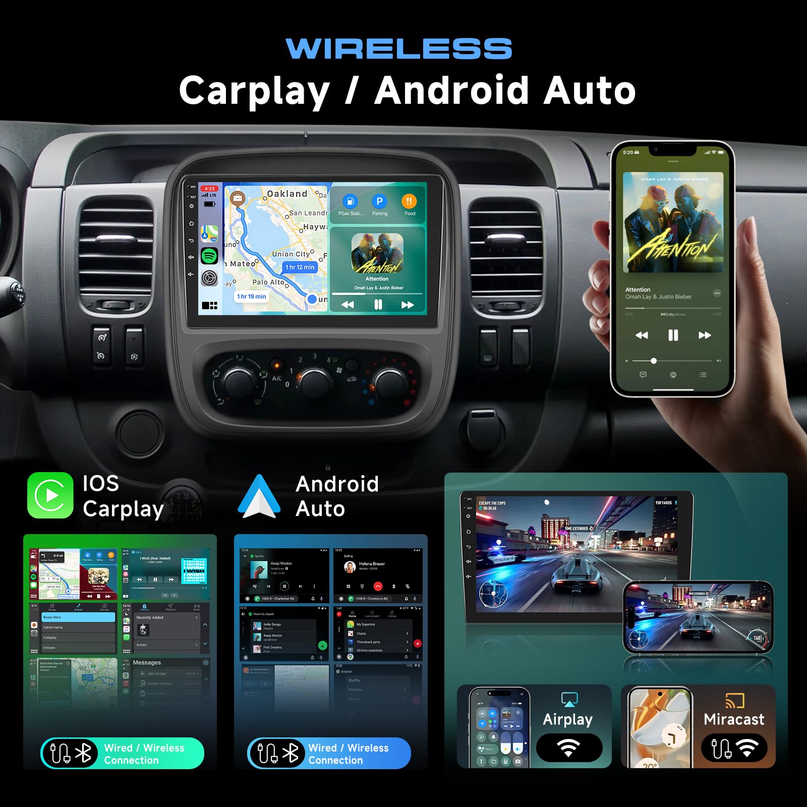 Hodozzy 2G+64GB Android Autoradio für Opel Vivaro B 2014-2018/ Renault Traffic 3 2014-2021 Wireless Carplay Android Auto, Radio 9 Zoll Touchscreen mit Navi WiFi Bluetooth FM RDS mit Rückfahrkamera