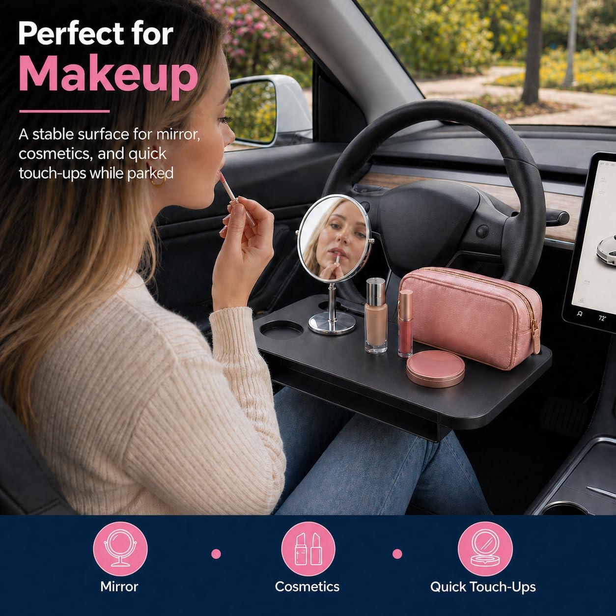 Car Seat Gap Organizer with Steering Wheel Tray, 2-in-1 Anti-Drop Storage Filler for Sedans, Compact Car Tray for Food, Laptop, Coffee and Daily Essentials