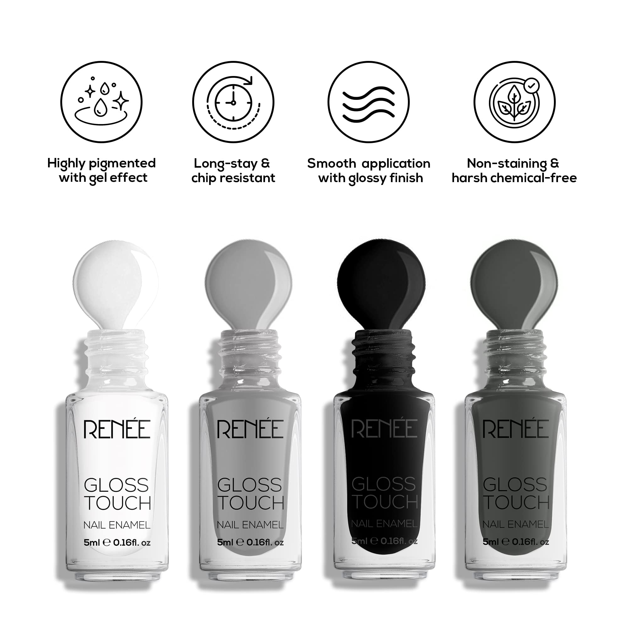 RENEE Gloss Touch Nail Paint Set of 4, Quick Drying Nail Polish, Glossy Gel Finish Nail Kit, Highly Pigmented & Long Lasting Enamel, Chip Resistance 5ml Each Gift Set for Women N01 Classic Monochrome