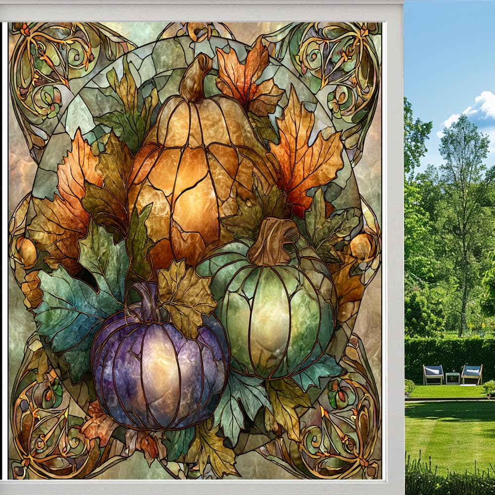 Autumn Pumpkins Frosted Window Film, Maple Leaves Harvest Scenery Stained Glass Privacy Film, Heat Insulation Self-Adhesive Vinyl for Bathroom Office, （50x100cm）