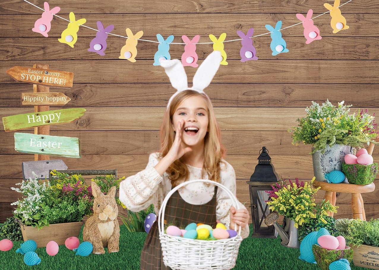 INRUI Happy Easter Photography Backdrop Rabbit Eggs Wooden Wall Flowers Grass Baby Shower Party Decorations Banner (5x3FT)