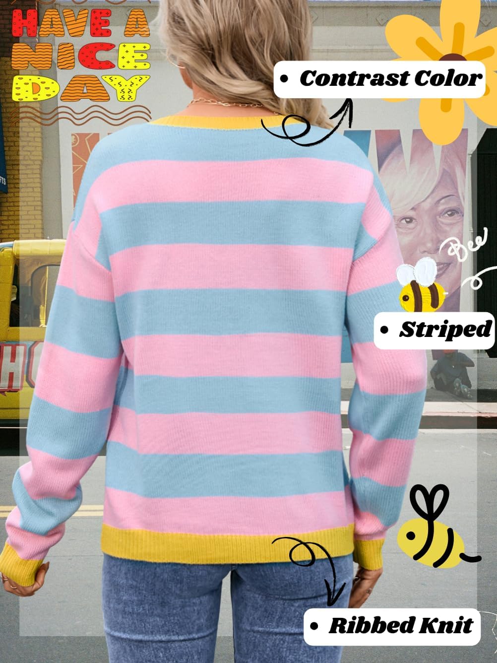 Colorful Striped Sweater,Cute Color Block Sweaters for Women,Fall Knit Tops Family Photo Costume - Image 3