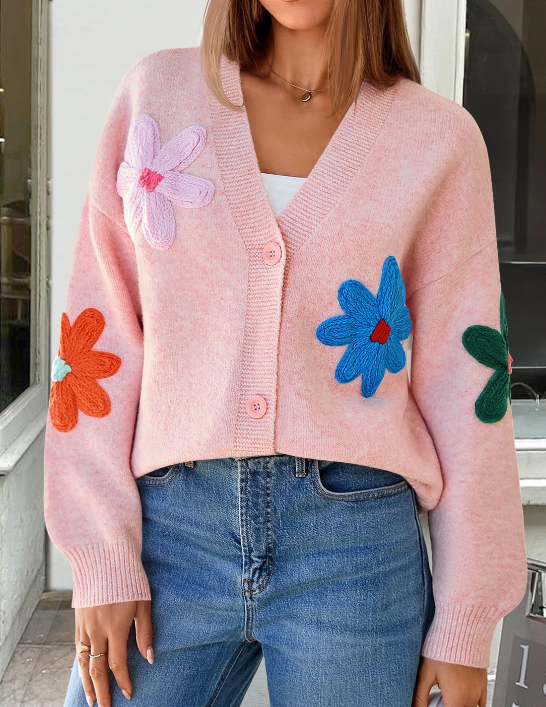 ZESICA Womens 2026 Spring Floral Cardigan Sweaters Casual Long Sleeve Open Front Button Down V Neck Knit Sweater - Image 2