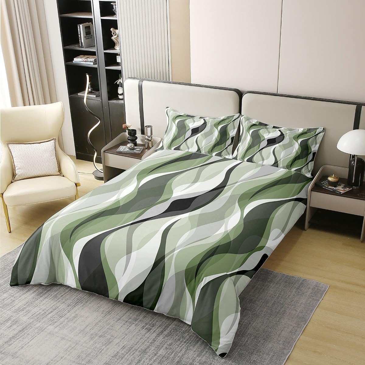Erosebridal Sage Green Stripes Duvet Cover Abstract Ombre Striped Comforter Cover Modern Simple Lines Bedding Set Queen Watercolor Aesthetic Quilt Cover Geometric Art Decor