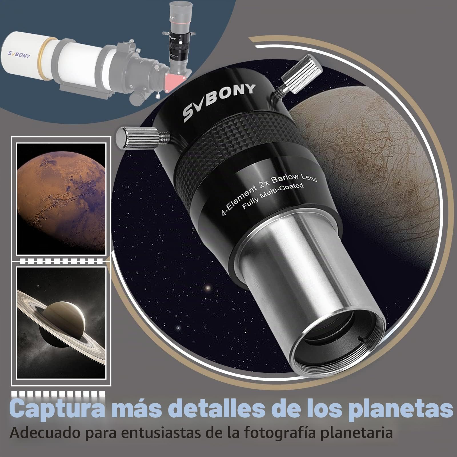 Svbony SV216 Lente Barlow 2x, 1.25" Metal Barlow 4 Elementos Apocromática FMC Lente Telescopio para Fotografía Planetaria y Observación
