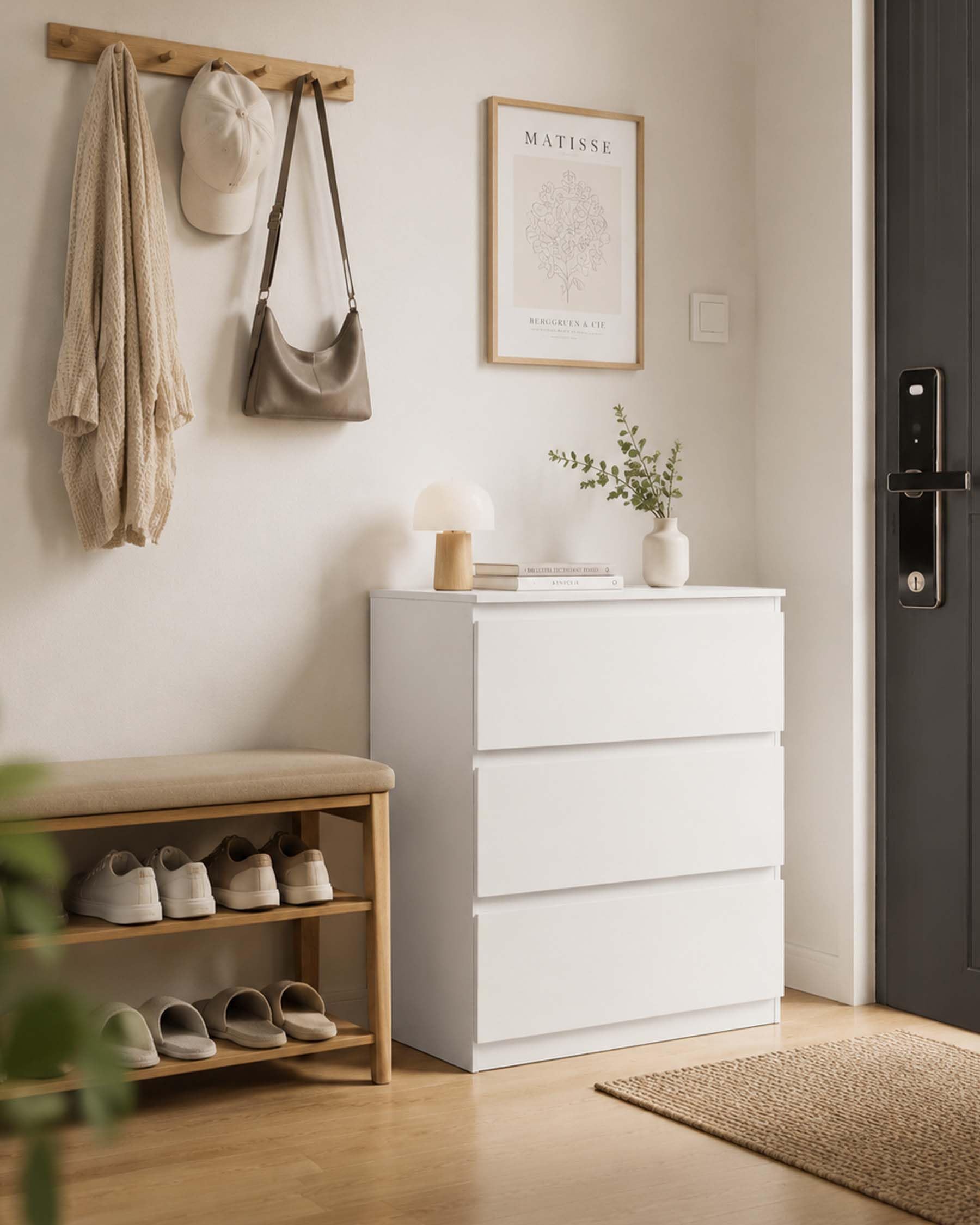 Cómoda Blanca Dormitorio con 3 Cajones Mesilla de Noche Estrecha 40cm Cajonera de Armario Interior Moderna Mueble Auxiliar para Oficina y Pasillo 70x40x75 cm