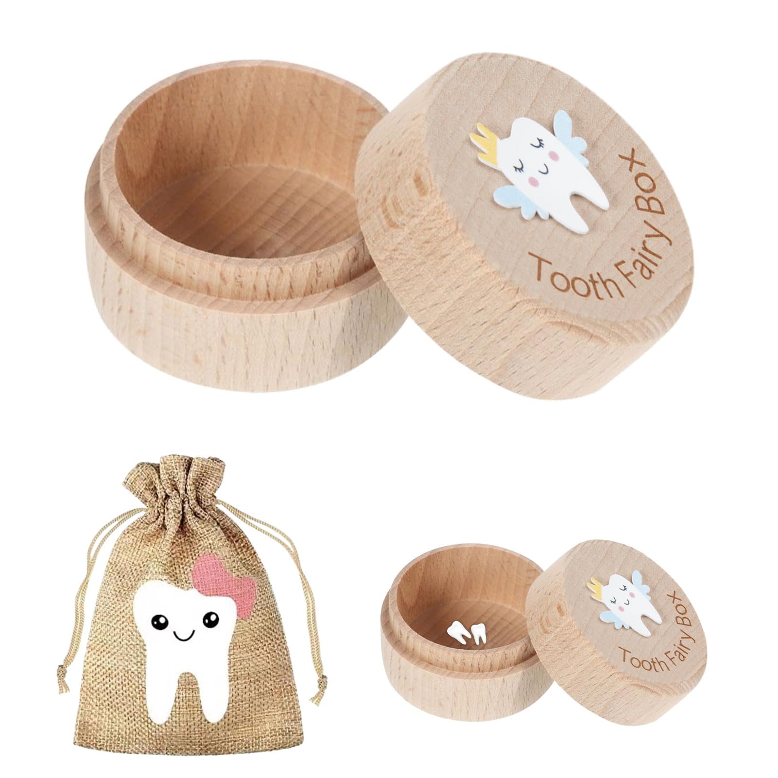 Tooth Fairy Box, 1 pcs Tooth Box with 1 pcs Fairy Bag, 3D Carved Wooden Teeth Keepsake