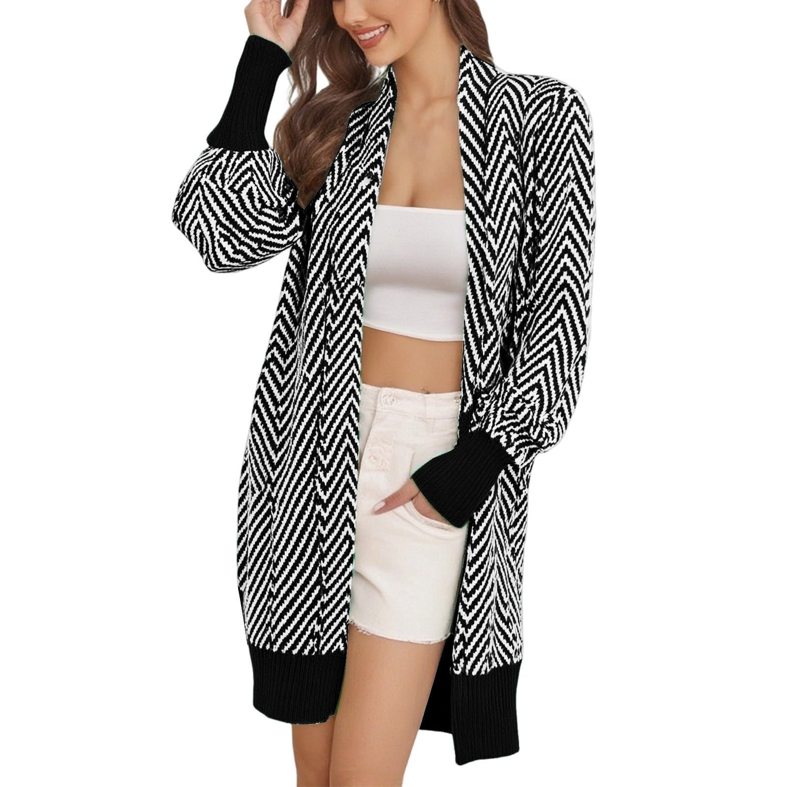 Générique Gilets Femme Pulls Femme - Cardigan Long en Tricot Rayé Pull Ouvert sur Le Devant Décontracté Automne Hiver Pull en Laine Vêtements D'Extérieur