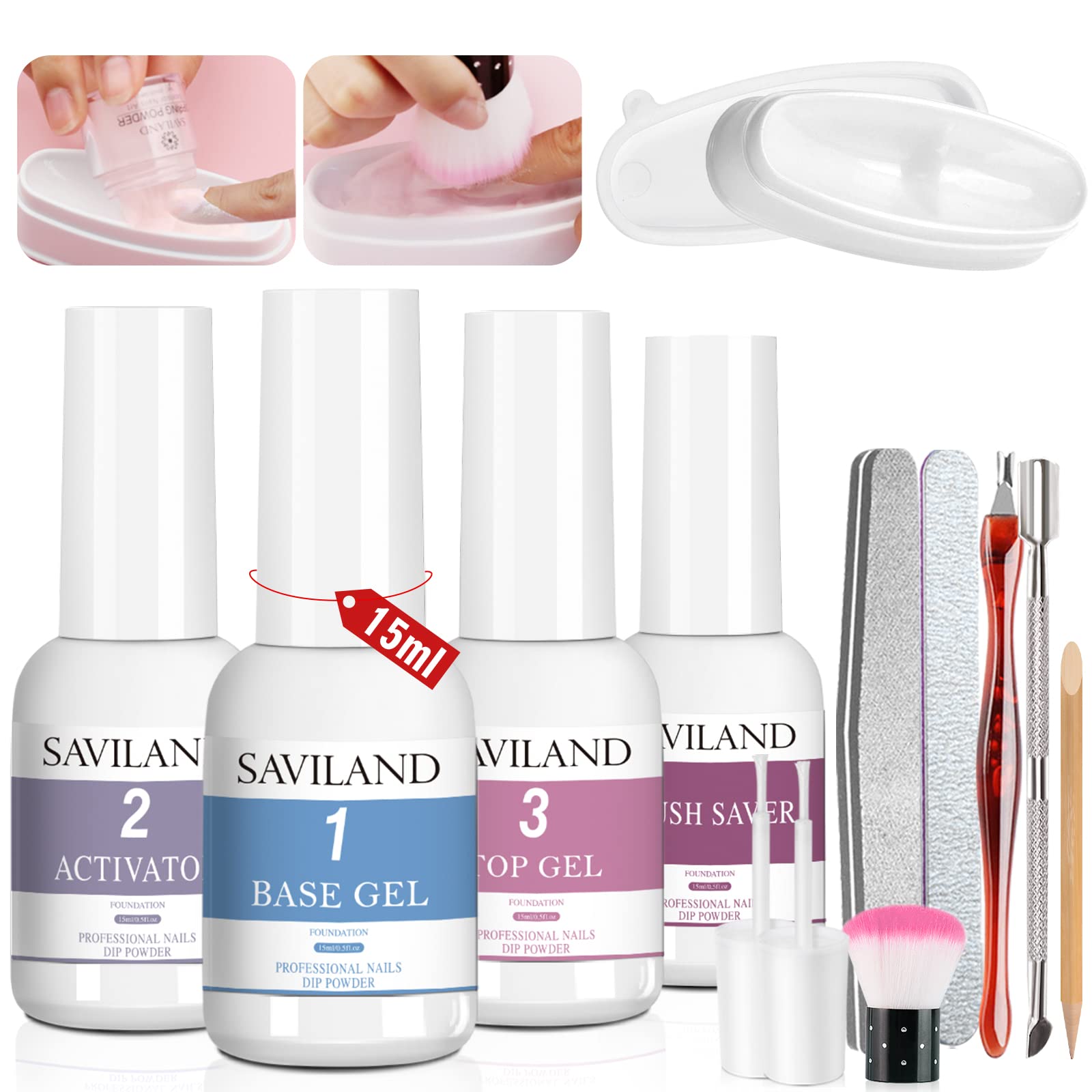 SAVILAND Dip Powder Liquid Set 13pcs - 15ml Quick Dry Dip Powder Activator/Base Gel/Top Coat/Brush Savor/Manicure Tools Dipping Powder French Manicure Starer Kit for Dip Powder Nail Kit No Lamp Needed