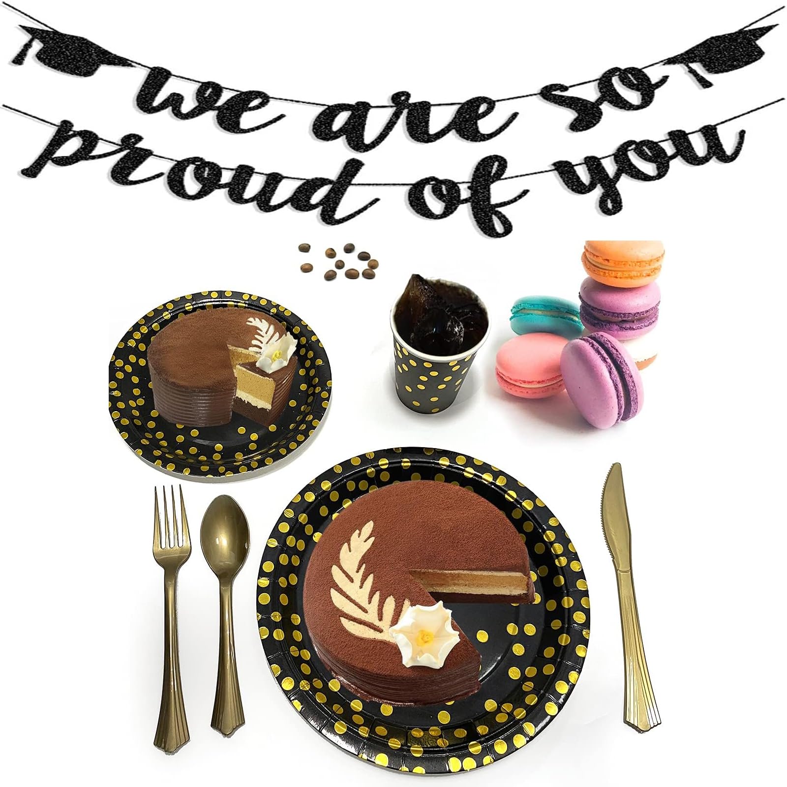 2025 Graduation Party Supplies Tableware Set Decorations Black and Gold party Supplies 350 Pcs Disposable Paper Plates Napkins Gold Fork Knives Spoon, Serves 50