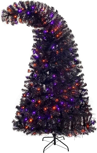 Árbol de Halloween de 6 pies con 300 luces LED, árbol de Navidad doblado con soporte de metal resistente, árbol artificial estilo Halloween con 1080